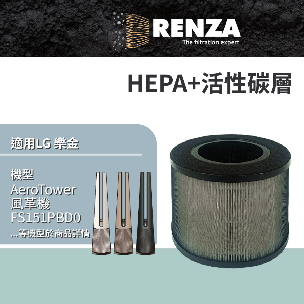 RENZA 適用LG 樂金 AeroTower 風革機 FS151PBD0 FS151PCE0 循環空清機 2合1HEPA+活性碳濾網 濾芯