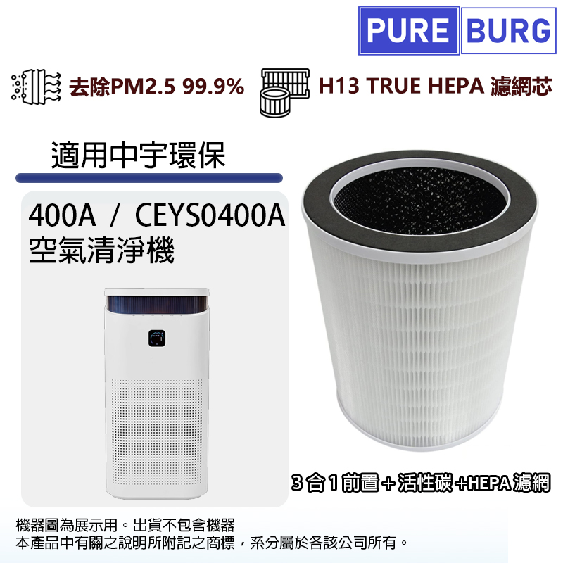 PUREBURG 適用中宇環保 Ecotek 400A CEYS0400A智能淨化空氣清淨機3合1活性碳除臭HEPA濾網濾芯