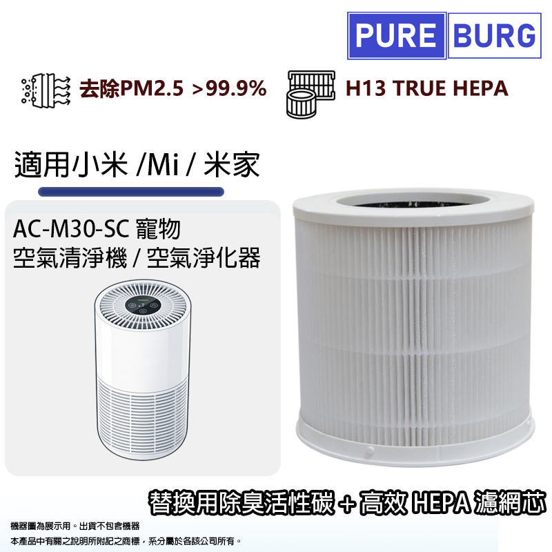 PUREBURG 適用小米/Mi / 米家AC-M30-SC 寵物 空氣清淨機 / 空氣淨化器除臭活性碳+HEPA空氣濾網濾芯