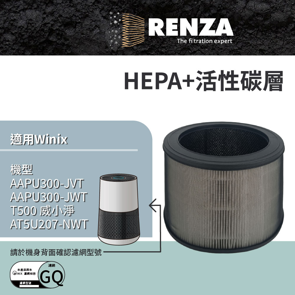 RENZA 適用韓國 Winix AAPU300-JVT JWT T500 威小淨 空氣清淨機 可替換GQ HEPA活性碳濾網 濾芯