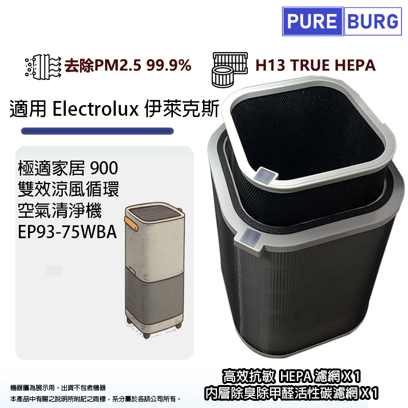 PUREBURG 適用Electrolux伊萊克斯EP93-75WBA極適家居900雙效涼風循環空氣清淨機HEPA+活性碳替換用濾網濾芯
