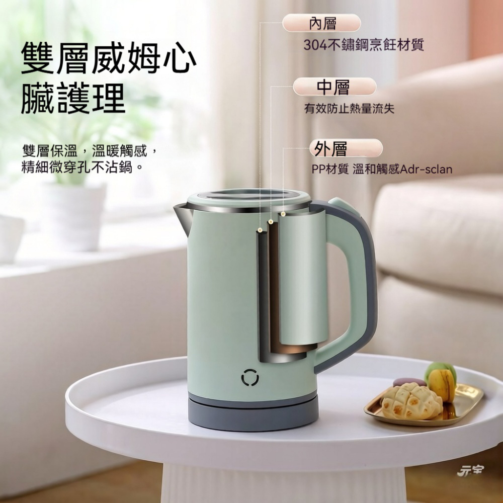 熱水壺 電熱水壺 304無縫內膽 600W快速沸騰 雙層防燙 旋轉收納底座 防乾燒