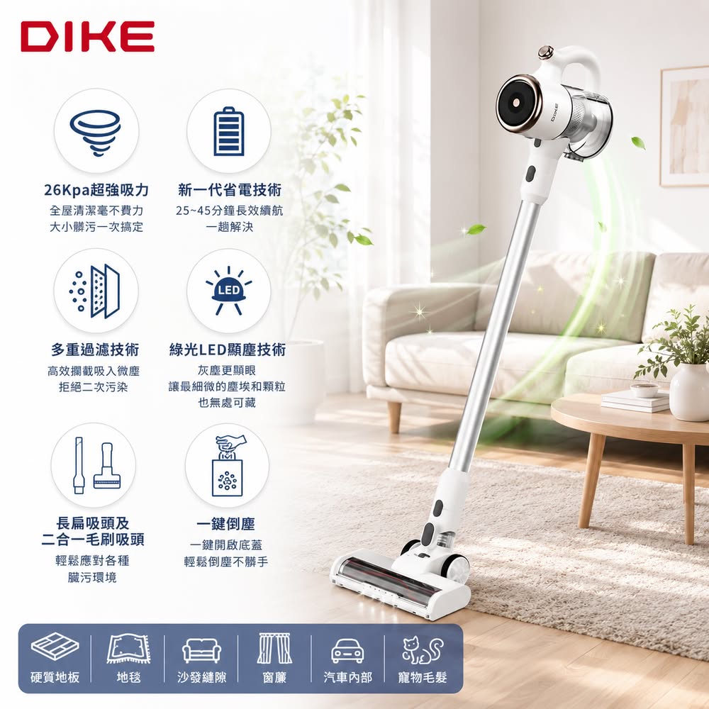 DIKE 官方直營 淨速吸無線手持吸塵器-特仕版(綠光LED顯塵技術) HCF130