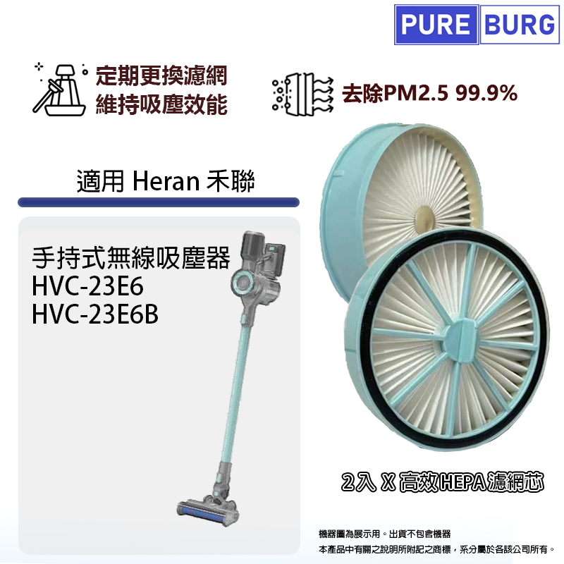 2入 - 適用 Heran 禾聯HVC-23E6 HVC-23E6B手持式無線吸塵器替換用高效HEPA濾網濾芯