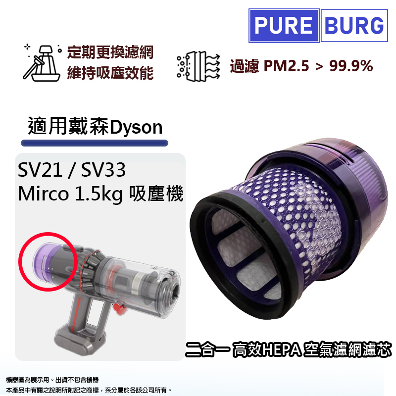 PUREBURG 適用Dyson戴森SV21 / SV33 Mirco 1.5kg 超輕量無線吸塵器空氣HEPA集塵濾網芯