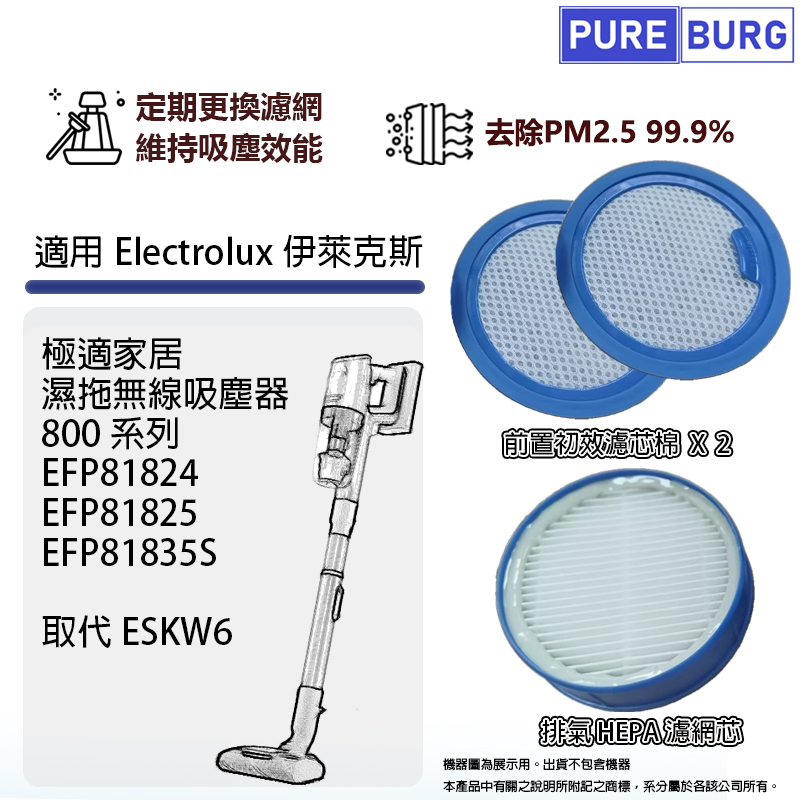 PUREBURG 適用Electrolux伊萊克斯EFP81824 EFP81825 EFP81835S濕拖吸塵器800系列HEPA濾網濾芯 #ESKQ6