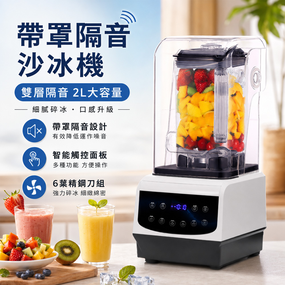 Felsted 菲仕德 商業級雙層隔音 2L帶罩冰沙機 智慧觸控破壁機 6葉精鋼刀/強力碎冰/生機調理機/果汁機 YW