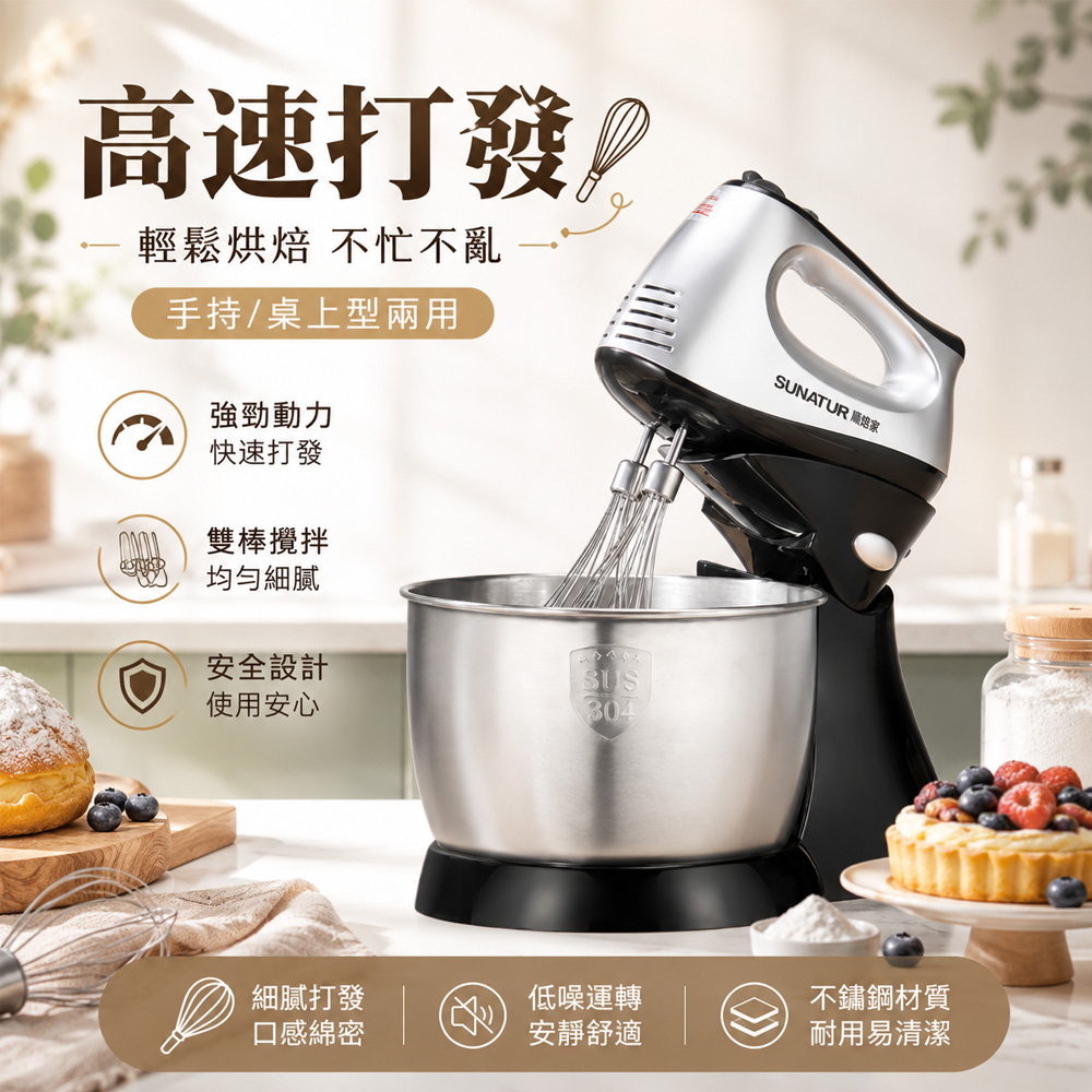 Felsted 菲仕德 桌上型電動打蛋器 手持/桌上兩用 附304不鏽鋼盆 多功能蛋糕烘焙攪拌機 YW