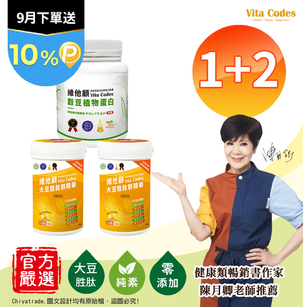 Vitamix 維他美仕 維他顧 穀豆植物蛋白640gx1罐+大豆胜肽群精華罐裝450gx2罐 陳月卿推薦-3入組