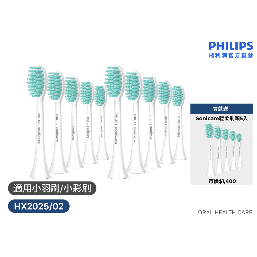 (雙入組)【PHILIPS 飛利浦】Sonicare 2100系列專用溫和清潔刷頭五入組 HX2025/02 (送刷頭)