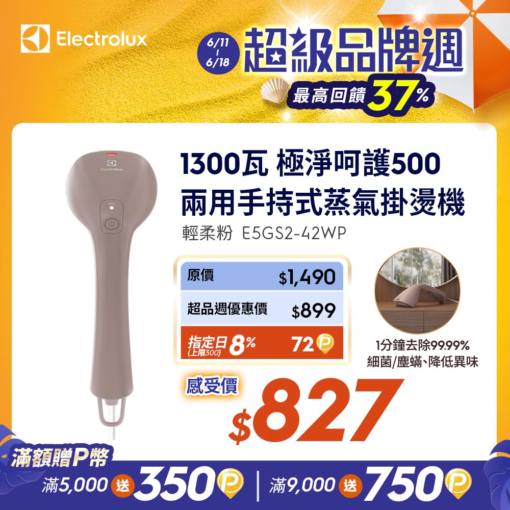 極淨呵護500 兩用手持式蒸氣掛燙機(E5GS2-42WP)輕柔粉