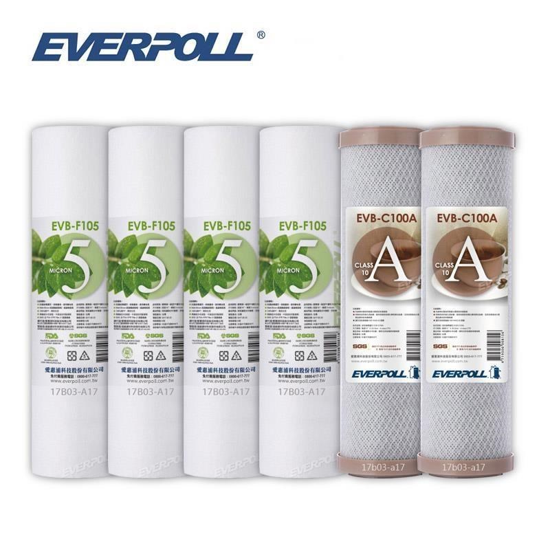 EVERPOLL 愛科濾淨 10英吋EVB-F105 四支 EVB-C100A二支(共6入)