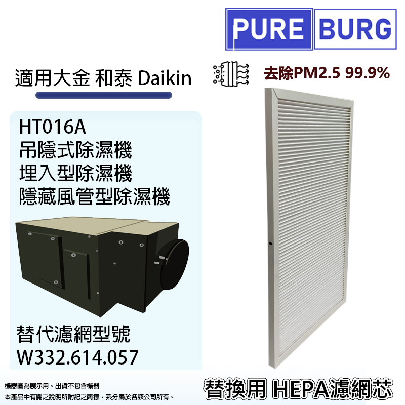 PUREBURG 適用大金和泰Daikin HT016A吊隱式/埋入型/隱藏風管型除濕機PM2.5空氣濾網濾芯型號W332.614.057