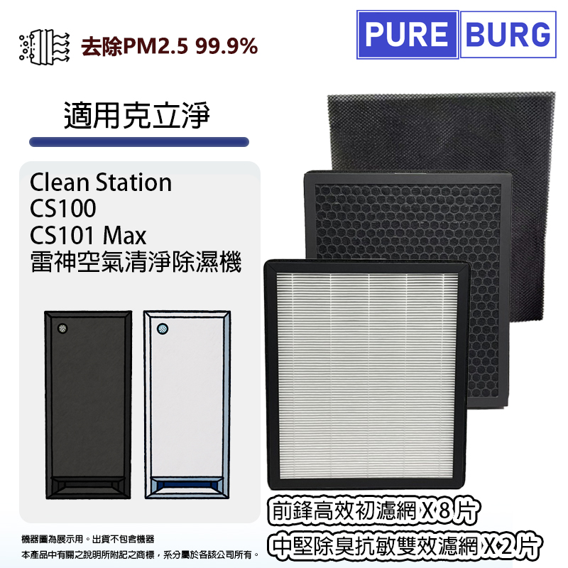 PUREBURG 適用克立淨Clean Station CS100 CS101 Max 雷神空氣清淨除濕機前鋒高效初濾網+中堅除臭抗敏濾芯