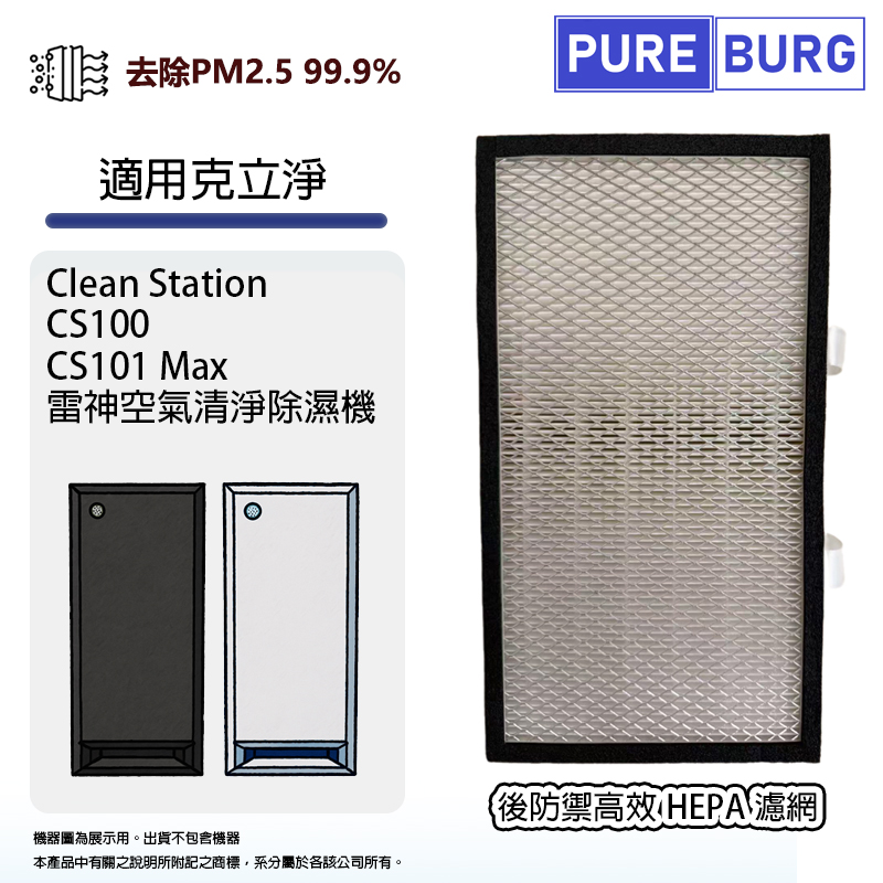 PUREBURG 適用克立淨Clean Station CS100 CS101 Max 雷神空氣清淨除濕機後防禦高效HEPA濾網濾芯