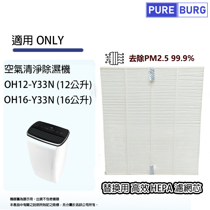 PUREBURG 適用ONLY OH12-Y33N (12公升) OH16-Y33N(16公升)空氣清淨除濕機PM2.5 HEPA濾網濾芯