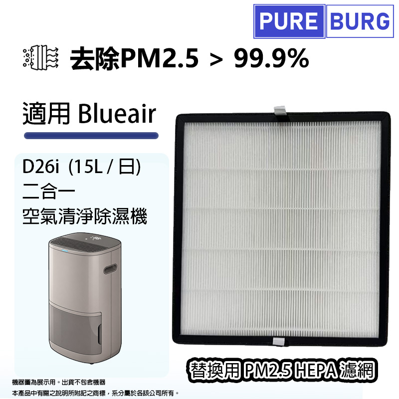 PUREBURG 適用Blueair D26i (15L公升/日) 二合一空氣清淨 除濕機替換用HEPA濾網 濾芯 濾心