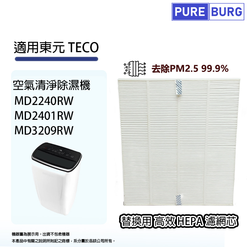 PUREBURG 適用東元Teco MD2240RW MD2401RW MD3209RW空氣清淨除濕機 PM2.5 HEPA濾網濾芯