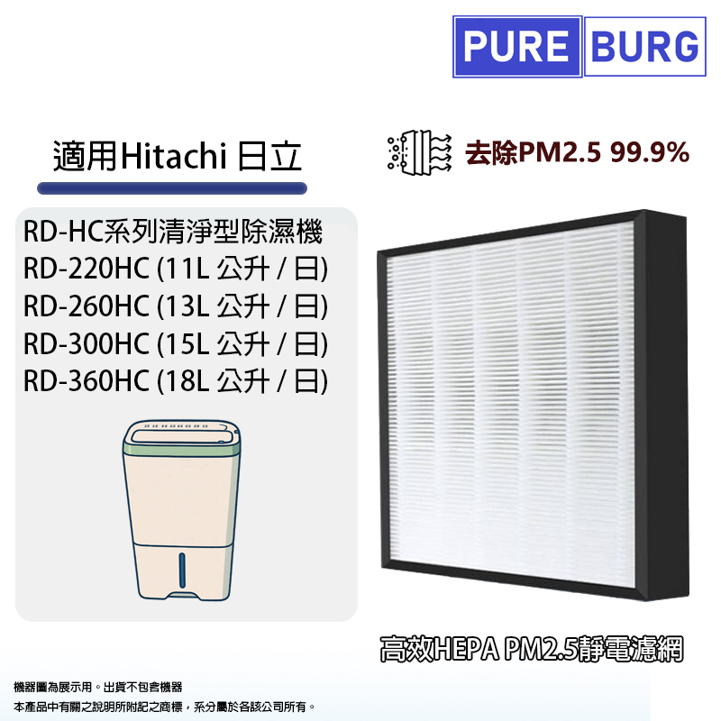 PUREBURG 適用Hitachi日立RD-220HC RD-260HC RD-300HC RD-360HC RD-HC系列清淨型除濕機HEPA濾網濾芯