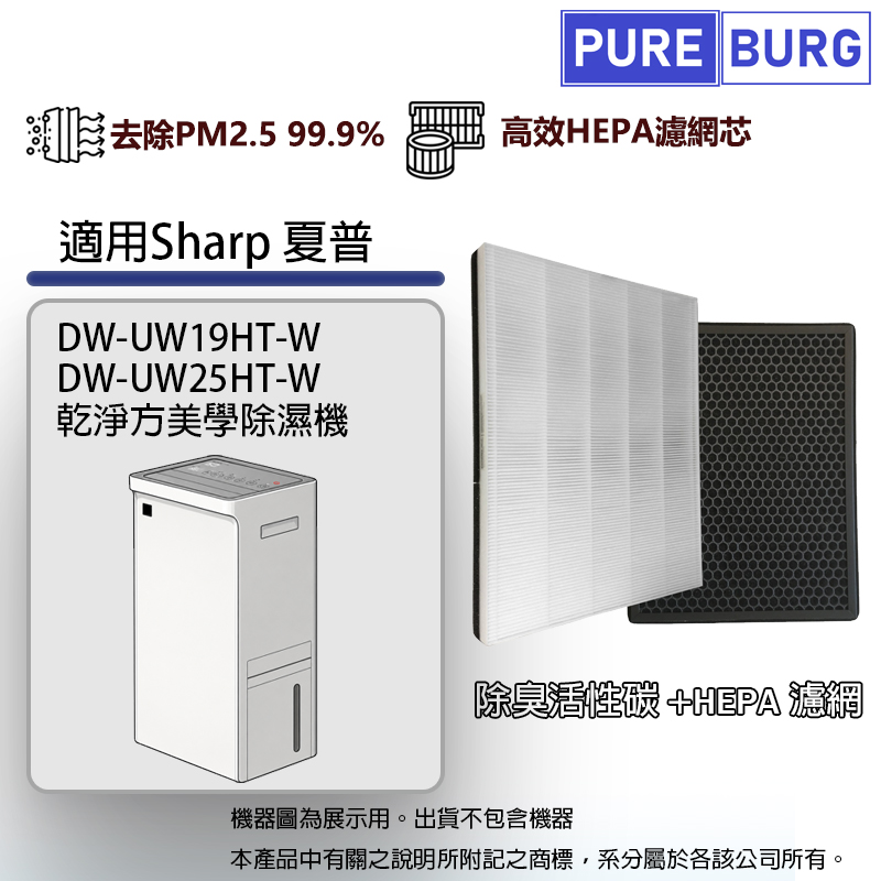 PUREBURG 適用Sharp夏普DW-UW19HT-W DW-UW25HT-W乾淨方美學除濕機除臭活性碳+HEPA濾網濾芯