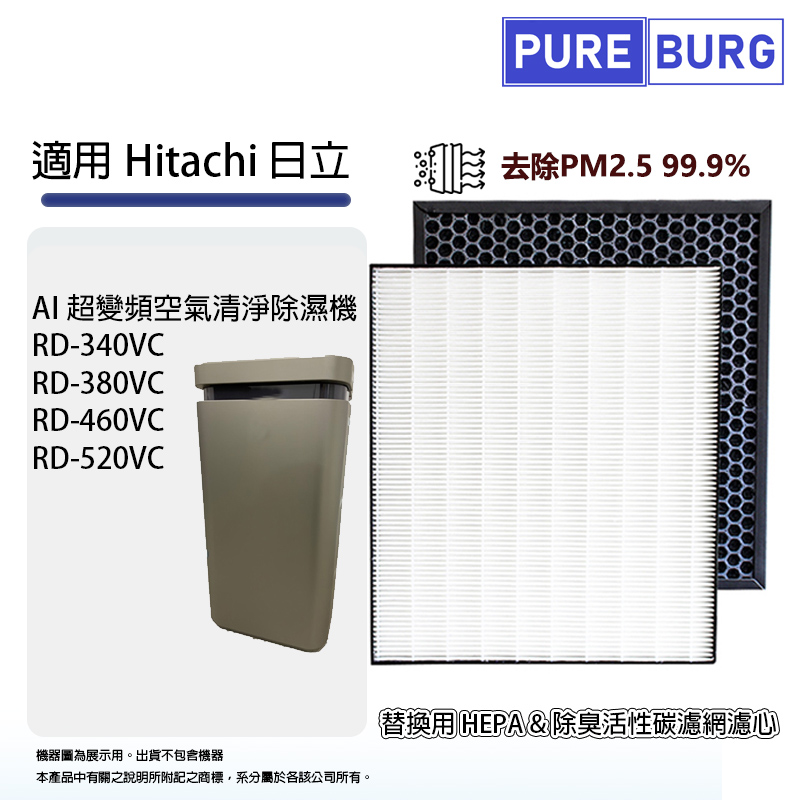 PUREBURG 適用Hitachi日立RD-340VC RD-380VC RD-460VC RD-520VC超變頻空氣清淨除濕機HEPA+除臭活性碳濾網芯