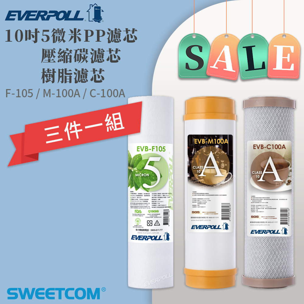 EVERPOLL 愛科濾淨 原廠 EVB-F105×1支+EVB-M100A×1支+EVB-C100A×1支 共3支 10吋 PP 樹脂 活性碳棒 濾芯