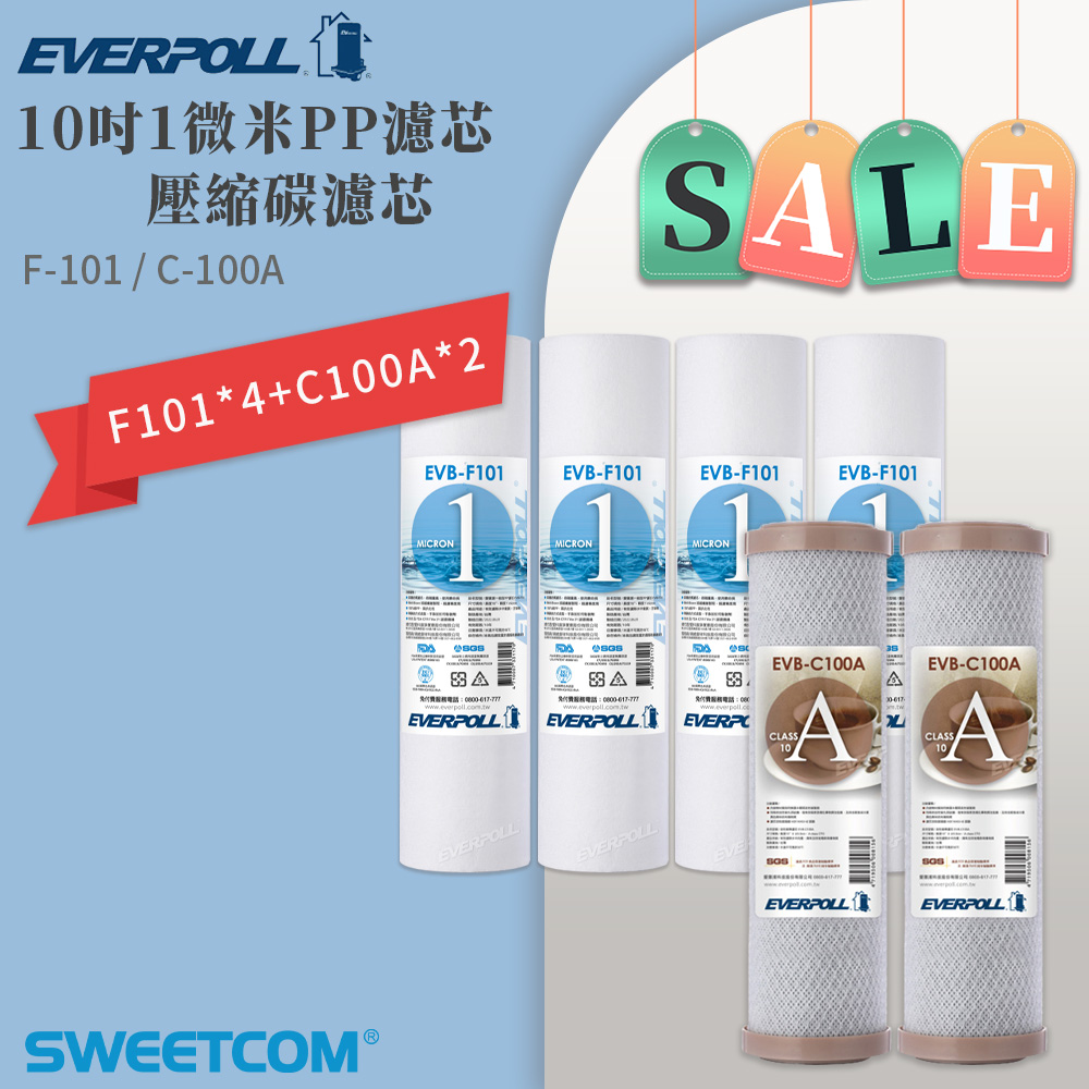 EVERPOLL 愛科濾淨 原廠 EVB-F101×4支+EVB-C100A×2支(6入)10吋 PP濾心 活性碳棒 通規 濾芯
