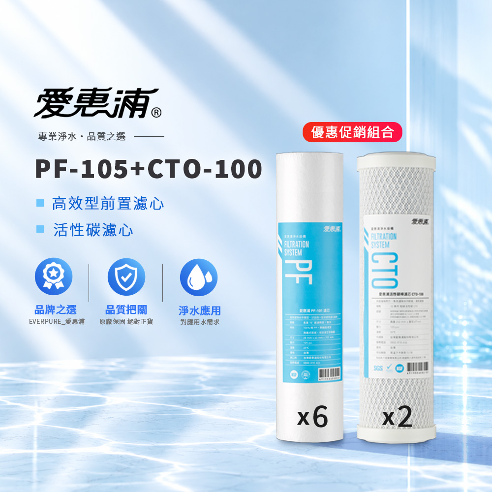 EVERPURE 愛惠浦 PF-105前置PP濾心×6+CTO-100活性碳棒濾心×2 優惠組合濾芯 濾心