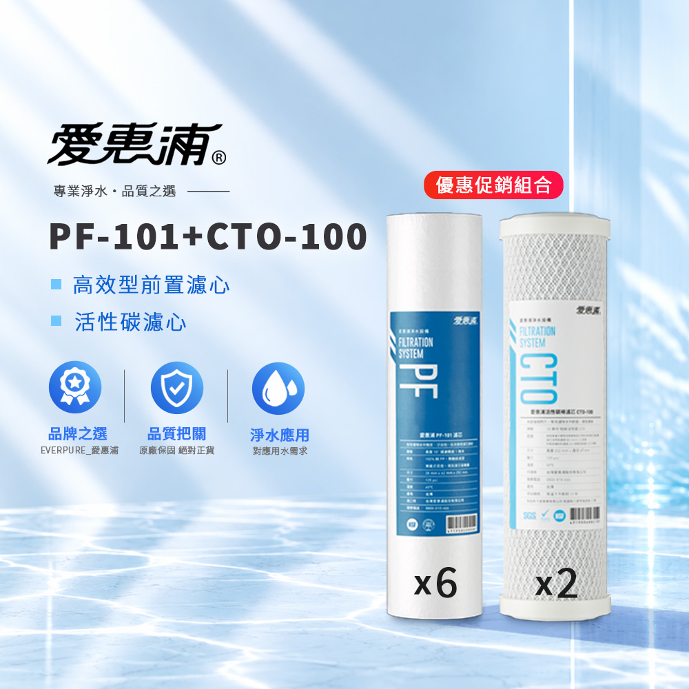 EVERPURE 愛惠浦 PF-101前置濾心×6+CTO-100活性碳棒濾心×2 優惠組合濾芯 濾心