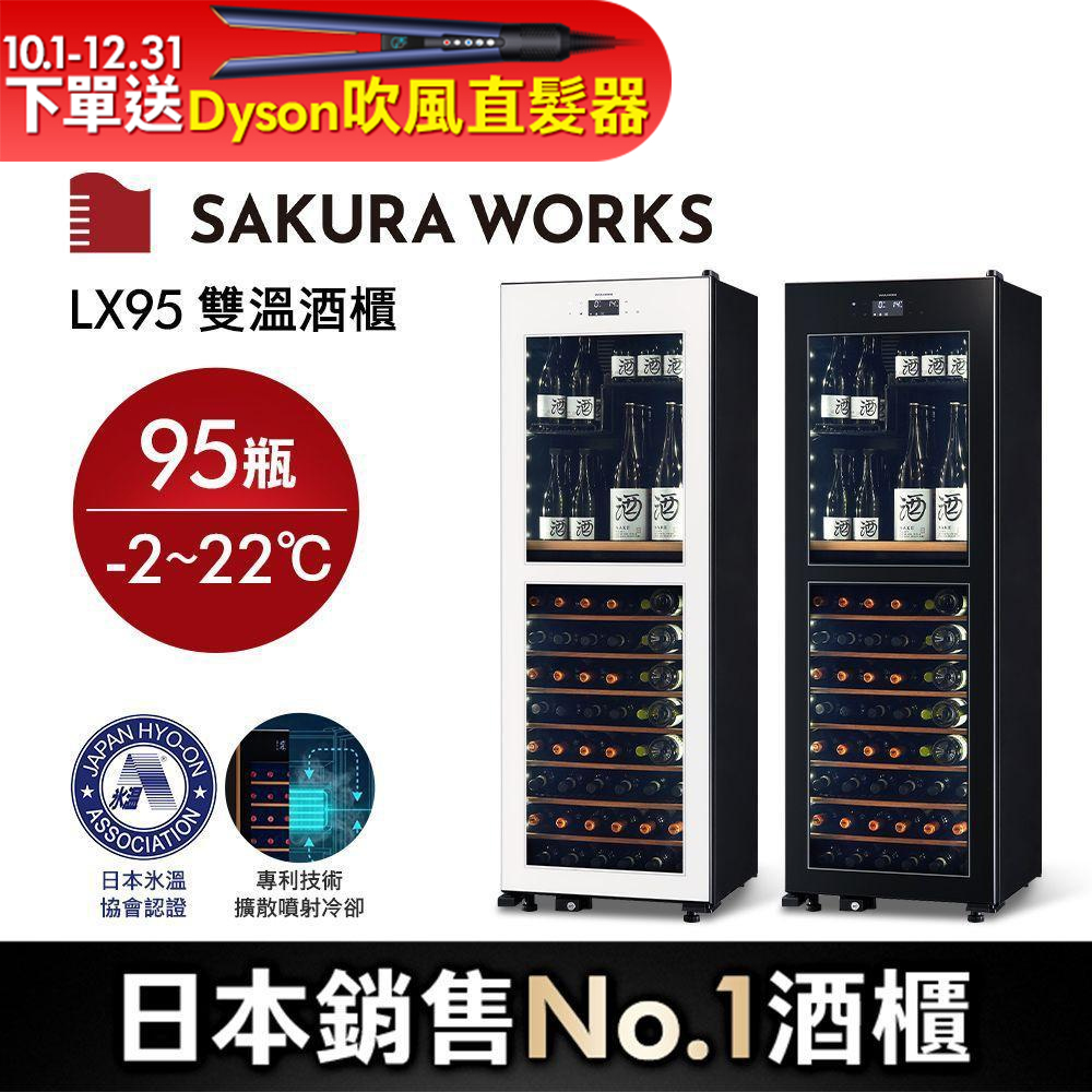 SAKURA WORKS 日本雙溫酒櫃LX95氷溫M2 (分層分溫 -2度~22度) 白色/黑色