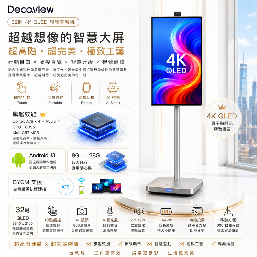 DECAVIEW 安卓13 可移動 32吋 4K QLED 量子點 觸控 AI超完美旗艦閨蜜機