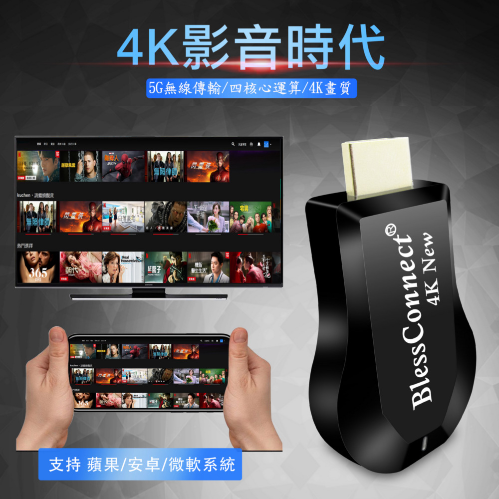【4K New影音真享樂】四核心BlessConnect雙頻5G全自動無線HDMI影音鏡像器(附4大好禮)(其他規格)