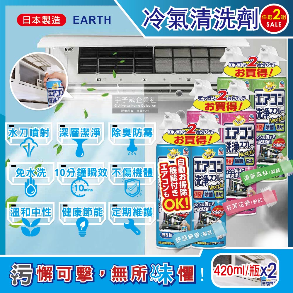 Earth 地球製藥 (2組4瓶超值組)日本NextPlus+免水洗10分鐘瞬效冷氣清潔劑(420mlx2瓶)/組(舒適無香/芬芳花香/清新森林)