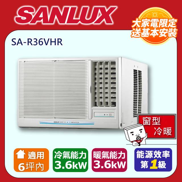6坪內《冷暖型-右吹》變頻窗型空調SA-R36VHR (整新品) 含運送+拆箱定位+舊機回收