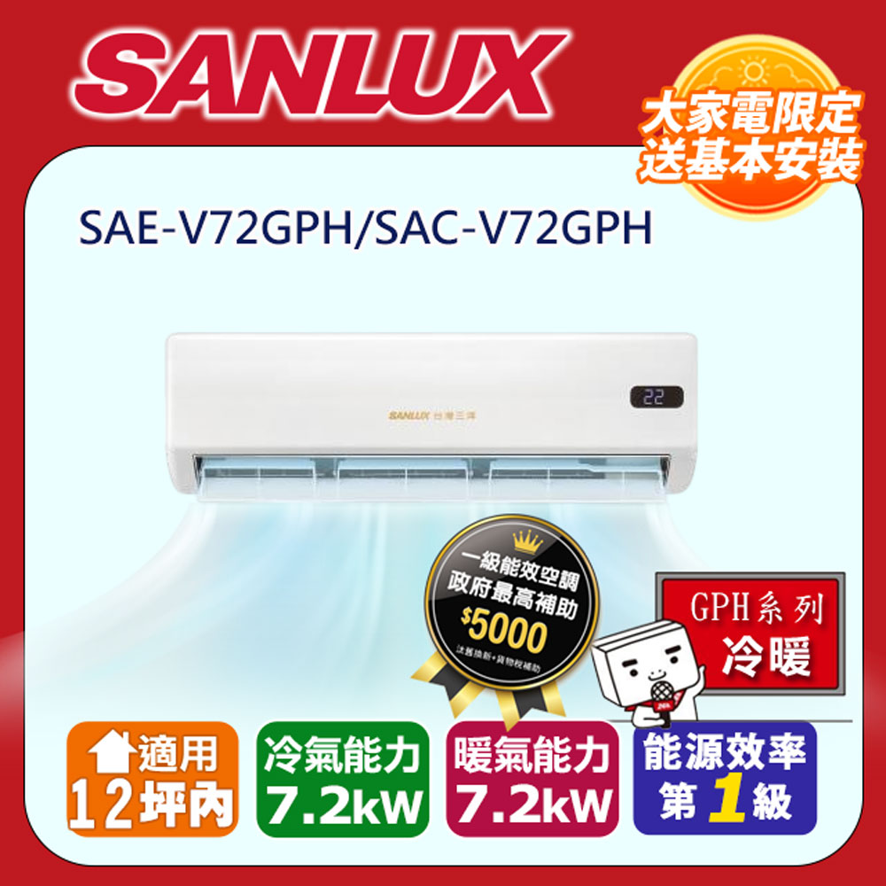 SANLUX 台灣三洋 12坪內 R32一級能效變頻冷暖分離式冷氣(SAE-V72GPH/SAC-V72GPH)