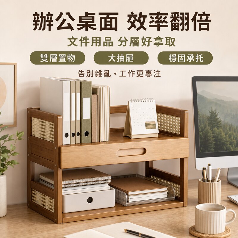 窩居 開學宿舍桌上書架 竹製兩層收納架 附抽屜多層置物架 化妝品雜物整理架 租屋桌面落地兩用儲物架