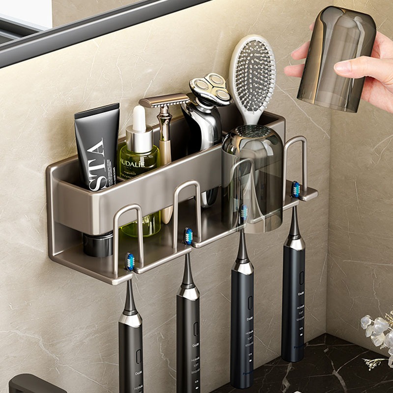 太空鋁牙刷置物架 免打孔漱口杯架 壁掛式牙刷收納架 牙刷座 電動牙刷架(四人款無杯)