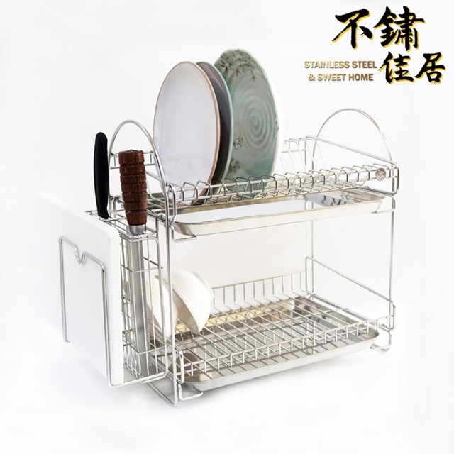不鏽佳居 304不鏽鋼直立式雙層碗盤瀝水架 (附菜刀砧板架/304不鏽鋼瀝水盤)