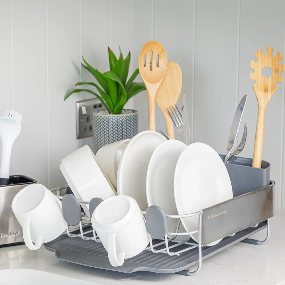 KitchenAid 美國 集水盤+餐具碗盤瀝水架(岩灰40.8cm) / 餐具筒 碗盤收納架 流理臺架 瀝水架 置物架 收納盒