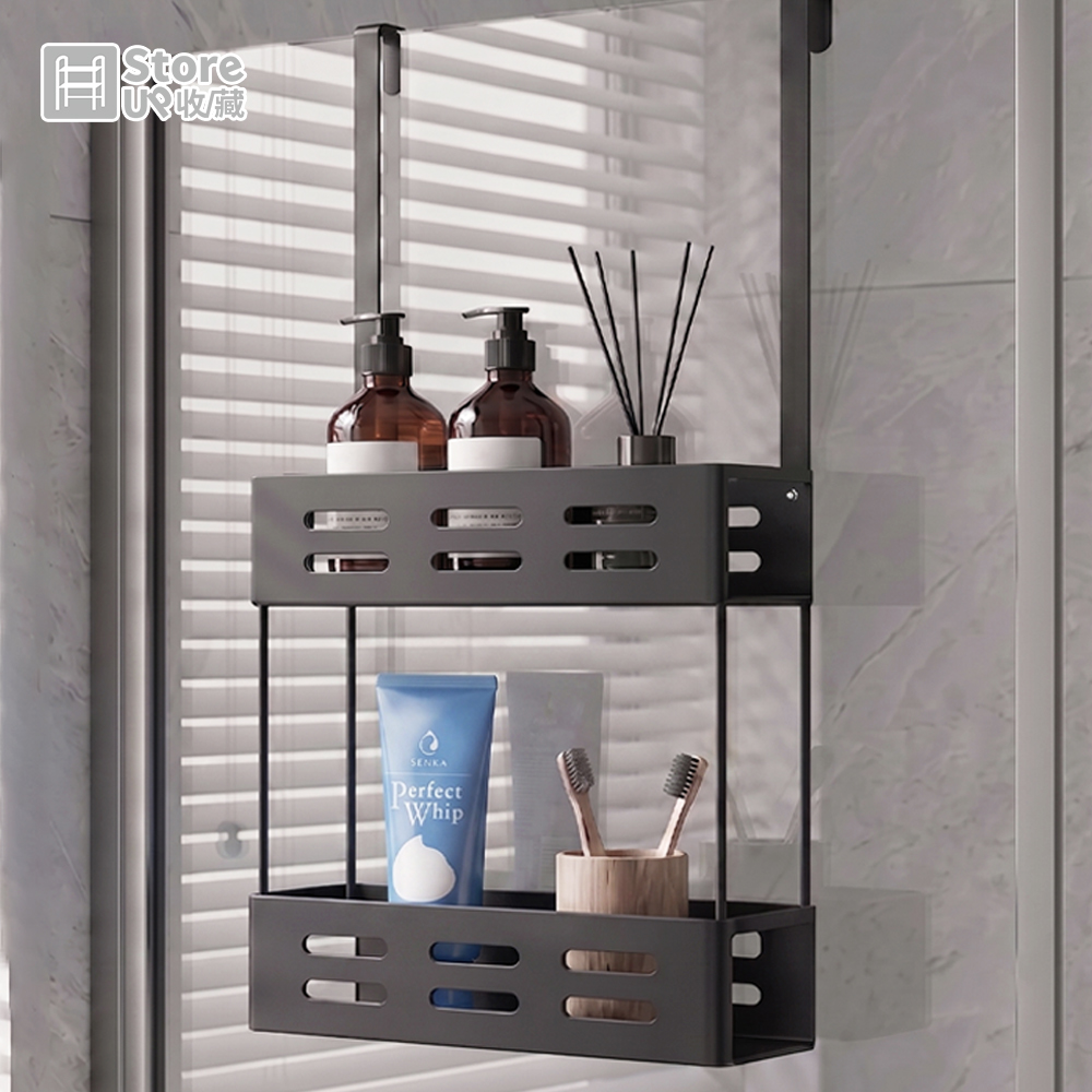 Store up 簡約黑色系 金屬窄款 浴室瓶罐 壁掛式雙層置物架(AD526)