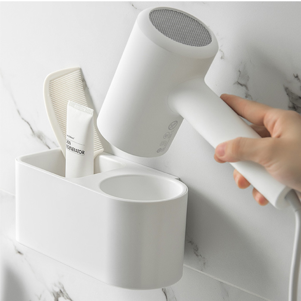  【時光良品】1入_免打孔壁掛萬用置物架吹風機收納架(高質感無印免釘浴室瀝水掛架大容量插頭電線收納盒)