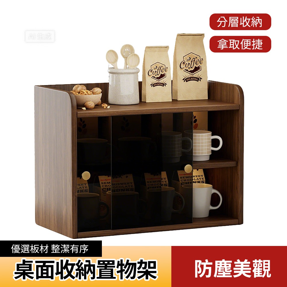 XINGMU 興沐 木紋透明滑門桌面收納櫃 三層防塵桌上置物架 杯具咖啡器具辦公雜物整理架