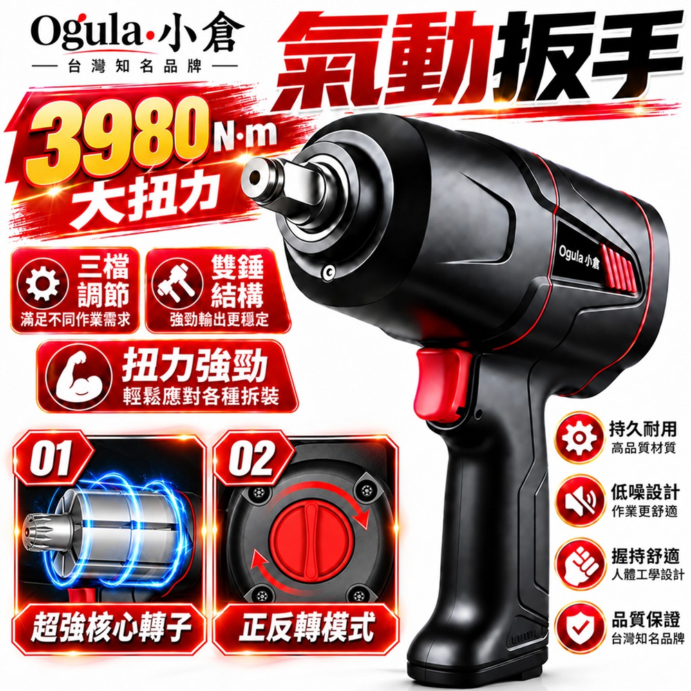 Ogula 小倉 氣動扳手 雙錘式衝擊扳手 3980N超大扭力 建築施工 汽車底盤維修 扭力扳手(工業款裸機)