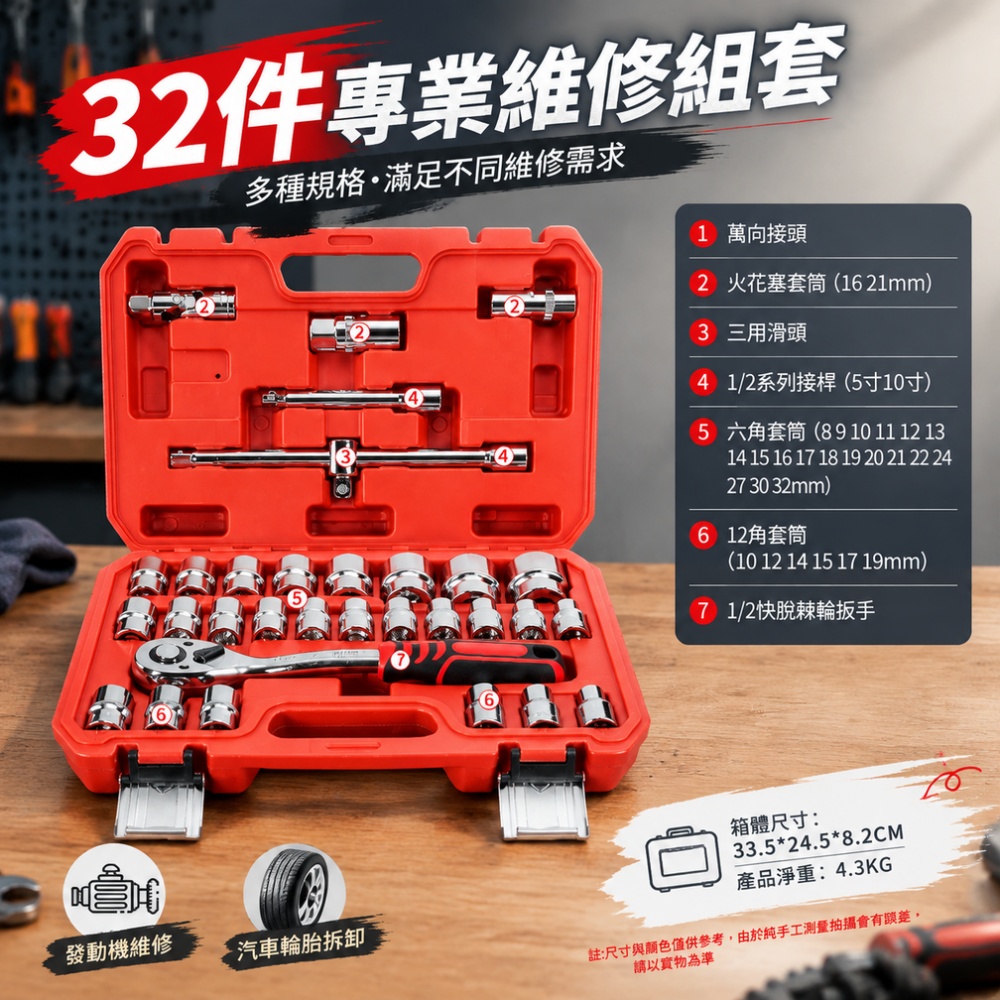 【銳達】汽修工具套裝 升級72齒彎柄汽修32件套 扳手套筒 棘輪汽車維修組合 修車箱 多功能箱