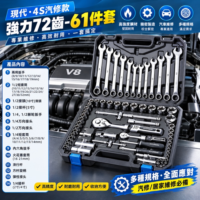 實悅 全套汽修棘輪套筒工具組 小飛中飛扳手61件套裝 汽車修車維修工具箱 套筒組合 五金拆裝工具