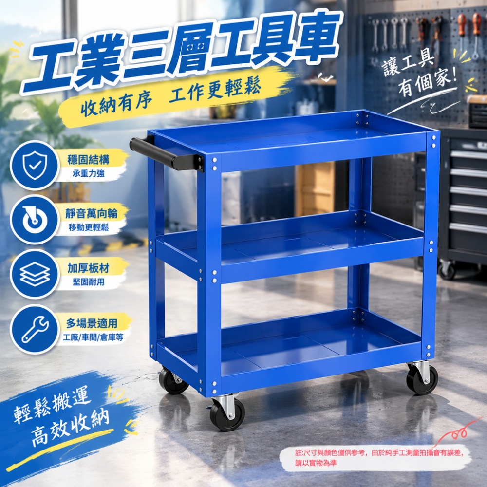 【佳美多】移動工具車 工具推車 三層鋼板工具車 藍色工業款 板材厚實 萬向滑輪 放置工具零件