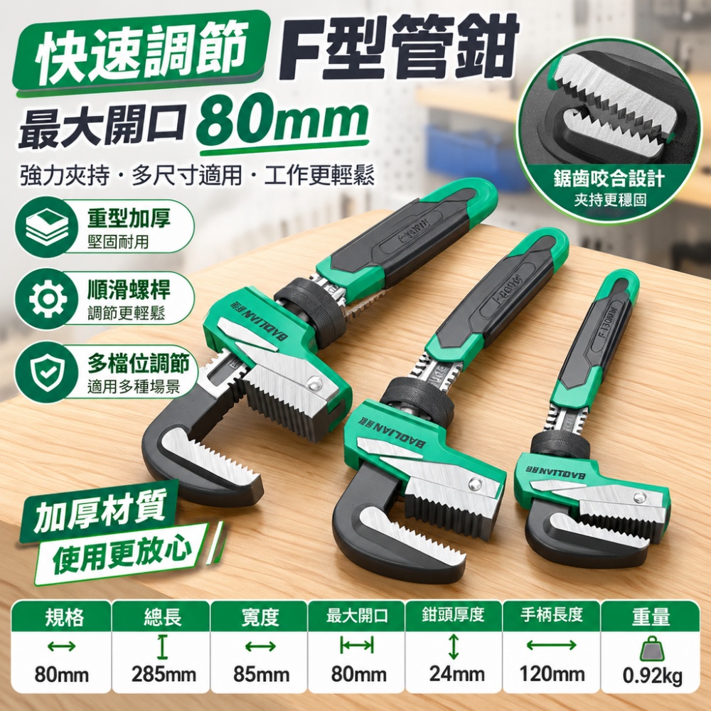 【銘利萊】F型直角管鉗 快速多功能喉管鉗 重型管鉗 大開口管鉗 家用管子鉗 萬用扳手 大開口80mm