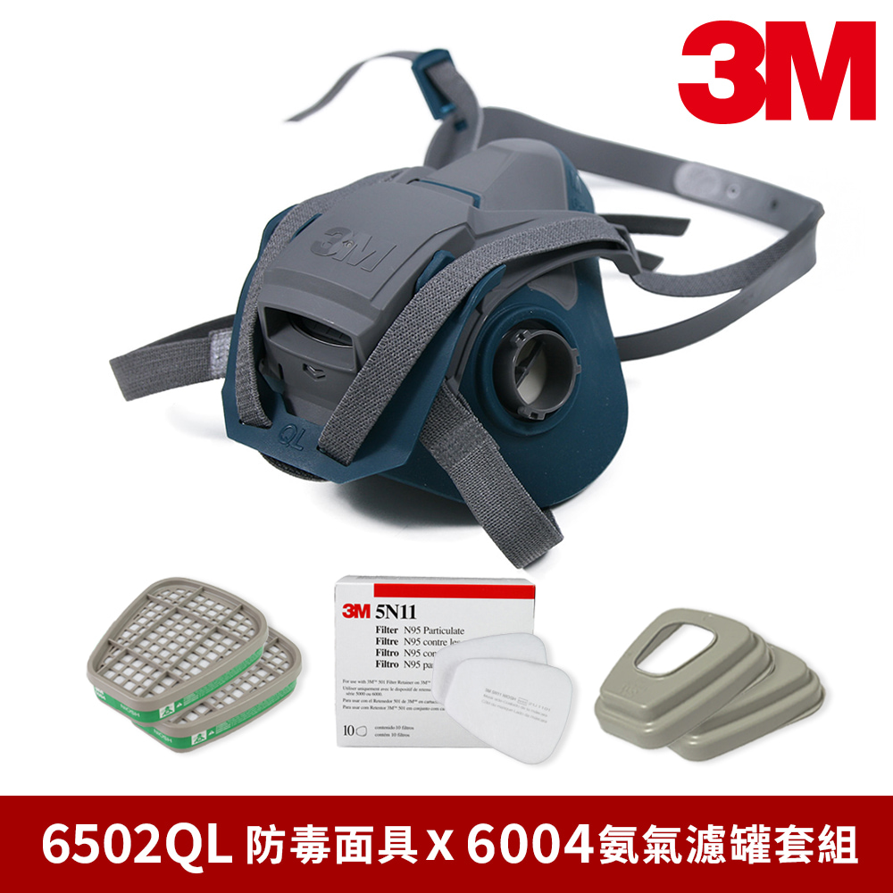 3M 6502QL快速穿戴防毒面具x氨氣濾毒罐套組(6004濾毒罐+5N11濾棉+501濾蓋)