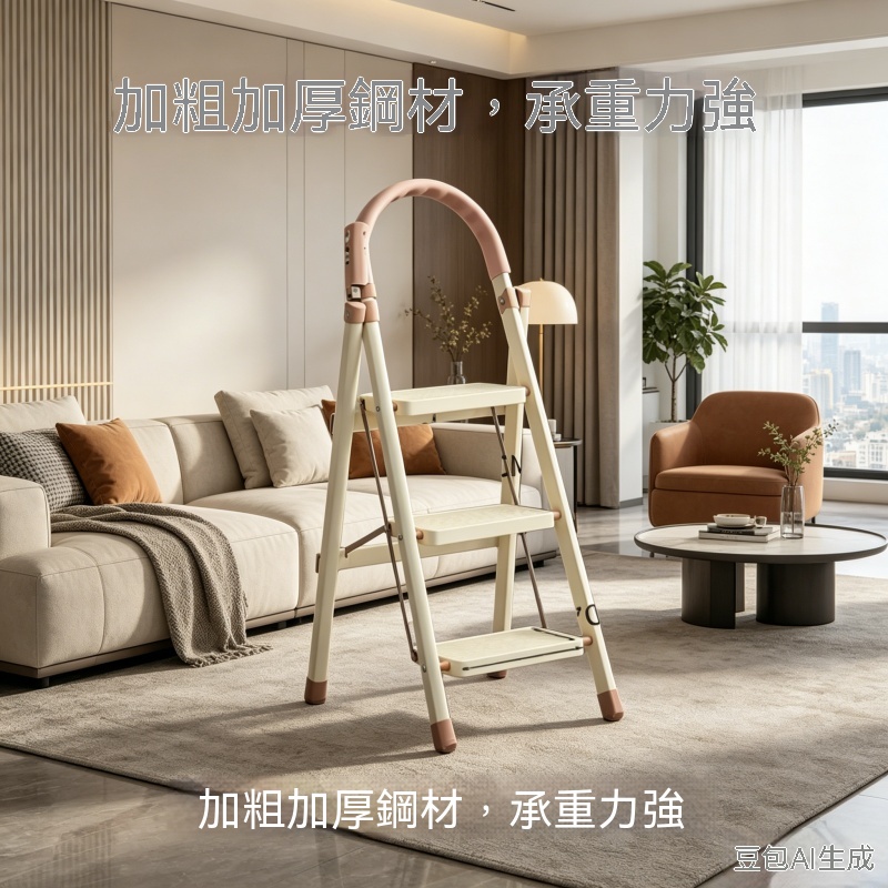 【伊達】奶油色系三層折疊梯 加粗加厚鋼材防滑踏板 輕奢客廳專用收納人字梯 加厚三步梯