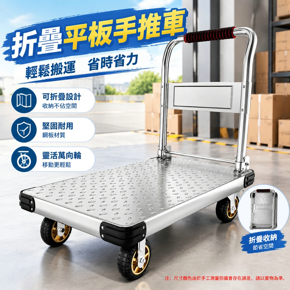 巧可 平板車 折疊手推車 鋼板手拉車 搬運拉貨車 倉庫快遞家用拖車 6寸超靜音烽火輪